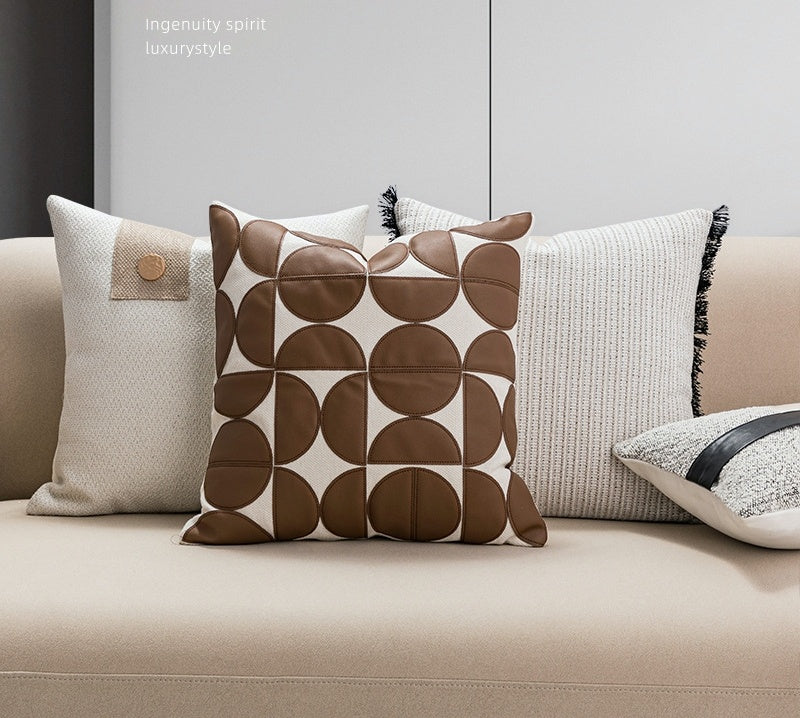 Nordic PU Leather Pillow Geometric Abstract Veneer Stitching Cushion Simple Modern Living Room Backrest Pillow Pillow Cover