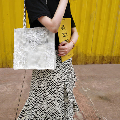 Retro Single Shoulder Tote Women's Bag Korea Embroidered Hollow Shopping Bag