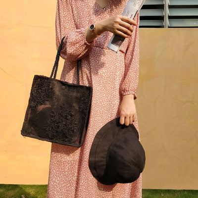 Retro Single Shoulder Tote Women's Bag Korea Embroidered Hollow Shopping Bag