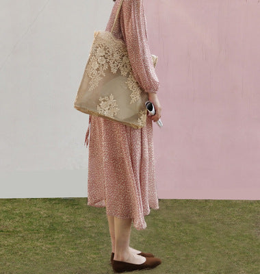 Retro Single Shoulder Tote Women's Bag Korea Embroidered Hollow Shopping Bag