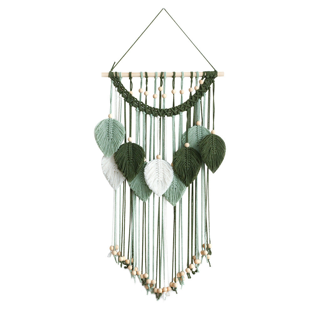 Bohemian Handmade Cotton Woven Wooden Bead Leaves Tapestry
