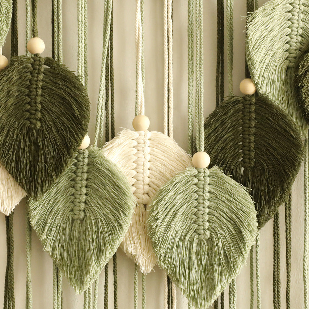 Bohemian Handmade Cotton Woven Wooden Bead Leaves Tapestry