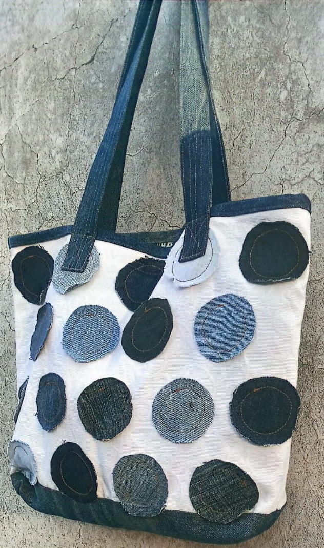 Upcycled Denim Polka Dot Tote Bag – Playful, Practical & Planet-Friendly