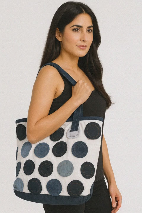 Upcycled Denim Polka Dot Tote Bag – Playful, Practical & Planet-Friendly